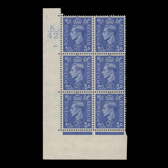 Great Britain 1941 (MNH) 2½d Light Ultramarine control K42, cylinder 90. block, perf E/I