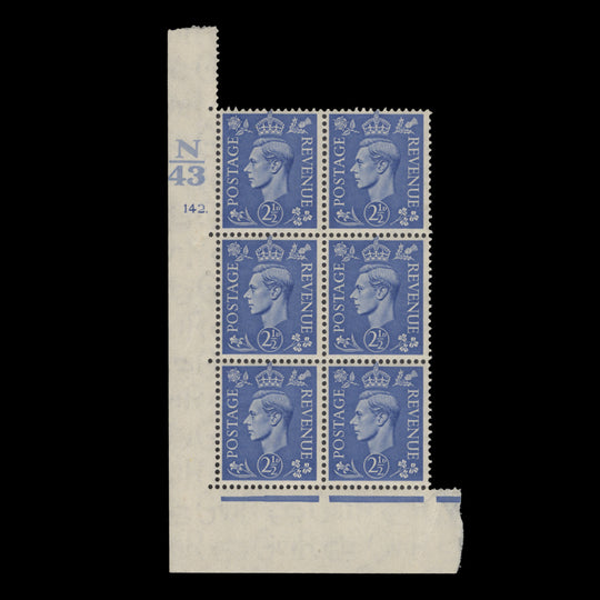 Great Britain 1941 (MNH) 2½d Light Ultramarine control N43, cylinder 142. block, perf E/I
