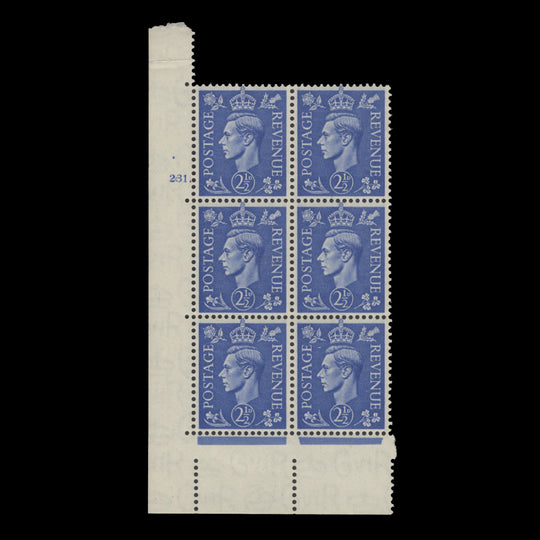 Great Britain 1941 (MNH) 2½d Light Ultramarine no control, cylinder 231. block, perf E/I