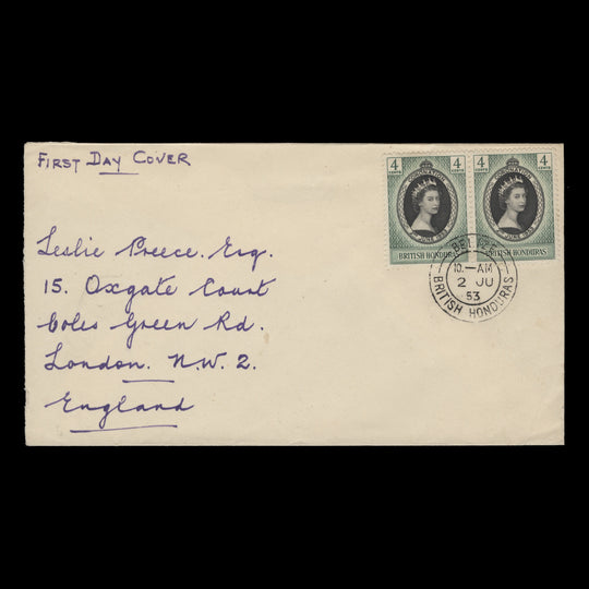British Honduras 1953 (FDC) 4c Coronation pair, BELIZE