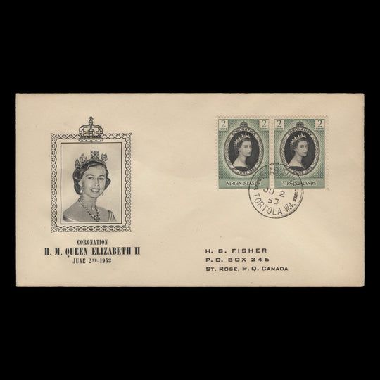 British Virgin Islands 1953 (FDC) 2c Coronation pair, ROAD TOWN