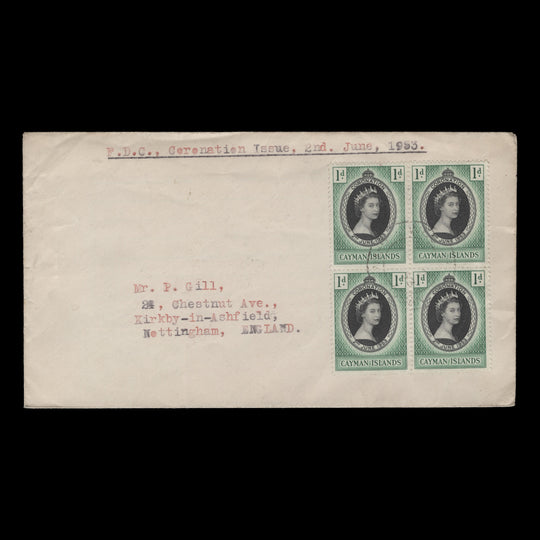Cayman Islands 1953 (FDC) 1d Coronation block, WEST BAY
