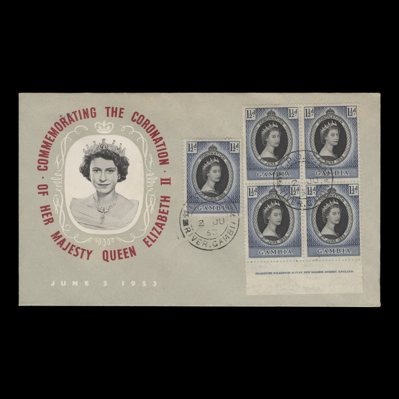 Gambia 1953 (FDC) 1½d Coronation single and imprint block, TPO Nº2