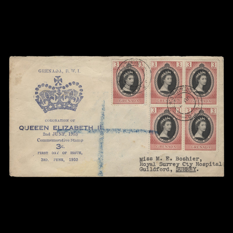 Grenada 1953 (FDC) 3c Coronation single and block, GPO