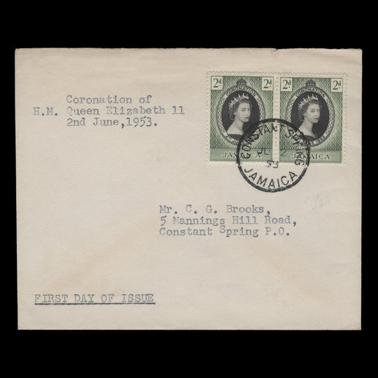 Jamaica 1953 (FDC) 2d Coronation pair, CONSTANT SPRING