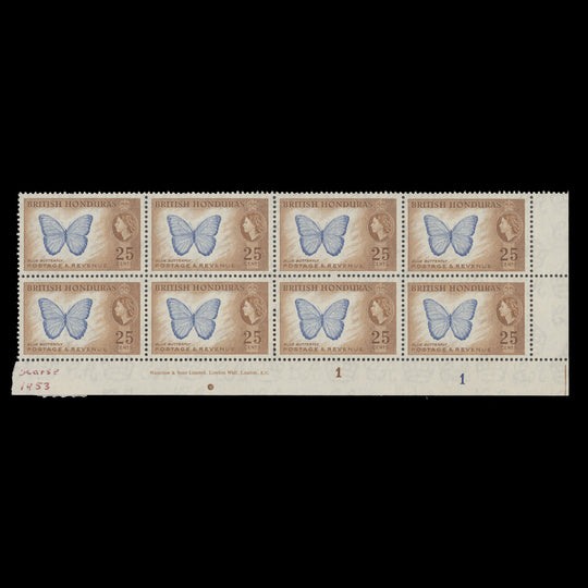British Honduras 1953 (MNH) 25c Blue Butterfly plate 1–1 block, perf 13½ x 13½