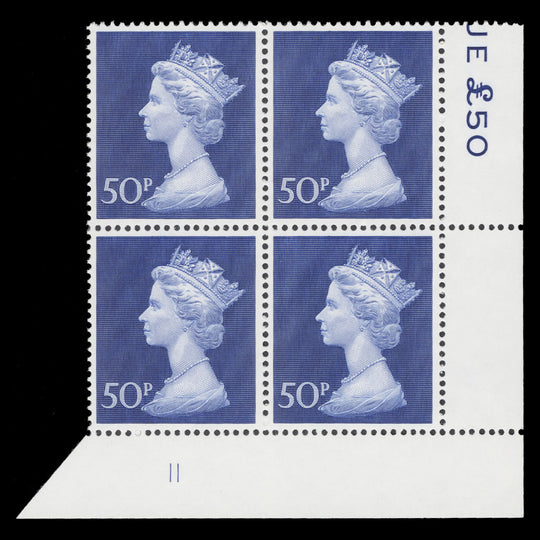 Great Britain 1970 (MNH) 50p Deep Ultramarine plate 11 block