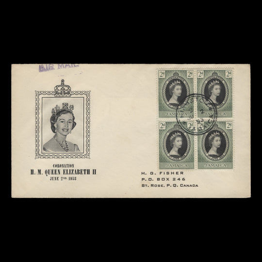 Jamaica 1953 (FDC) 2d Coronation block, KINGSTON