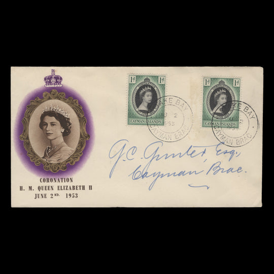 Cayman Islands 1953 (FDC) 1d Coronation singles, STAKE BAY