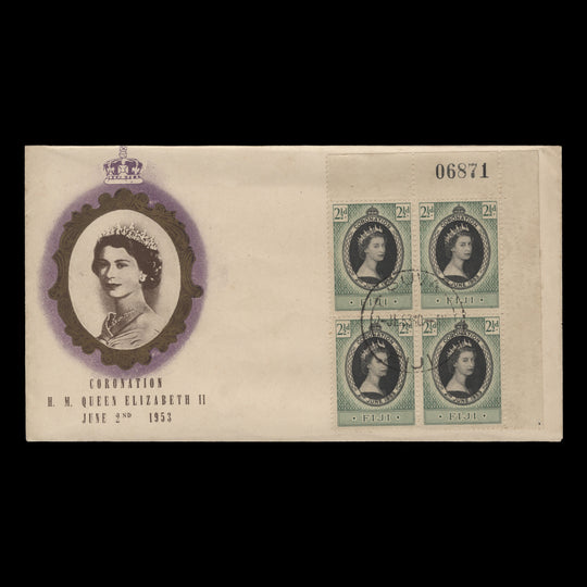 Fiji 1953 (FDC) 2½d Coronation sheet number block, SUVA