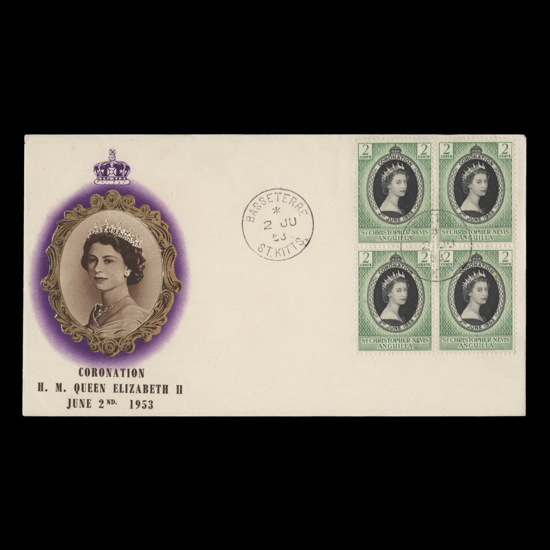 St Christopher Nevis Anguilla 1953 (FDC) 2c Coronation block, BASSETERRE