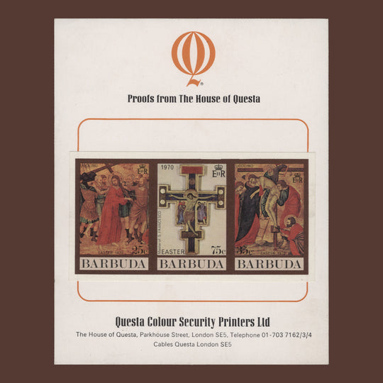 Barbuda 1970 Easter imperf proof strip on presentation card