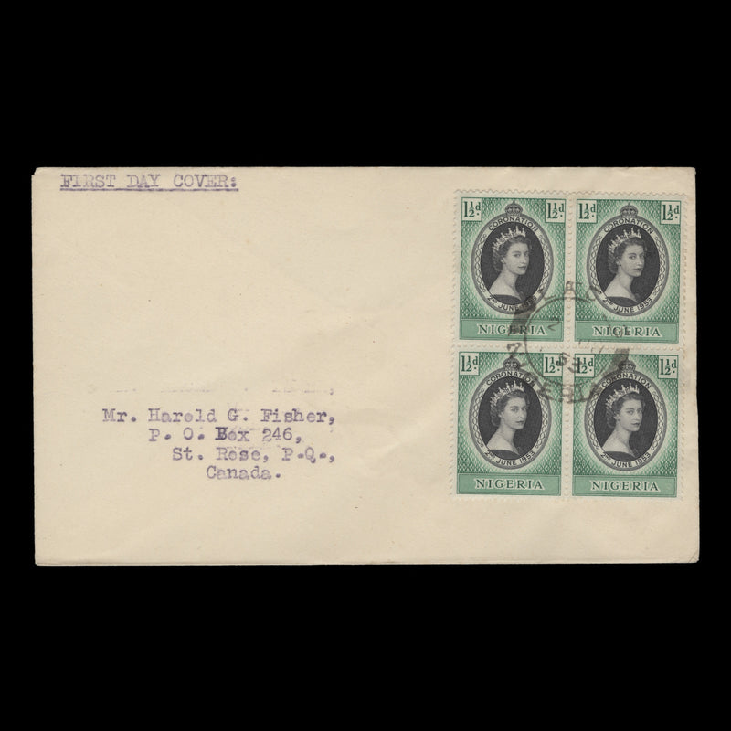 Nigeria 1953 (FDC) 1½d Coronation block, LAGOS