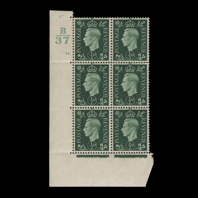 Great Britain 1937 (MNH) ½d Green control B37, cylinder 12. block, perf E/I