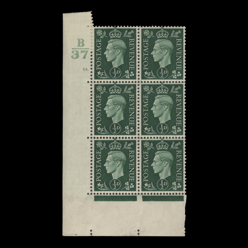 Great Britain 1937 (MNH) ½d Green control B37, cylinder 16. block, perf E/I