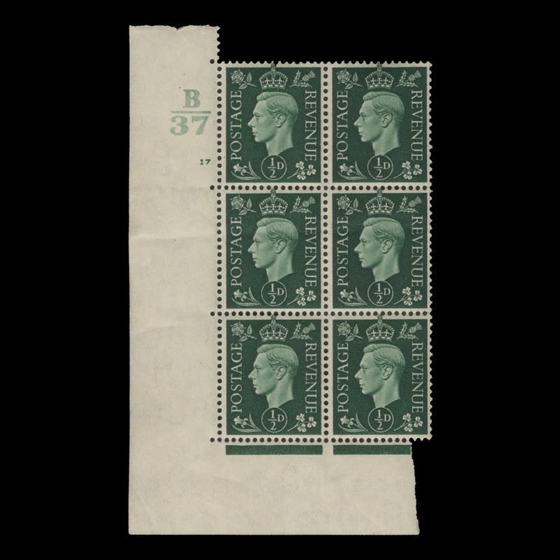 Great Britain 1937 (MNH) ½d Green control B37, cylinder 17 block, perf E/I