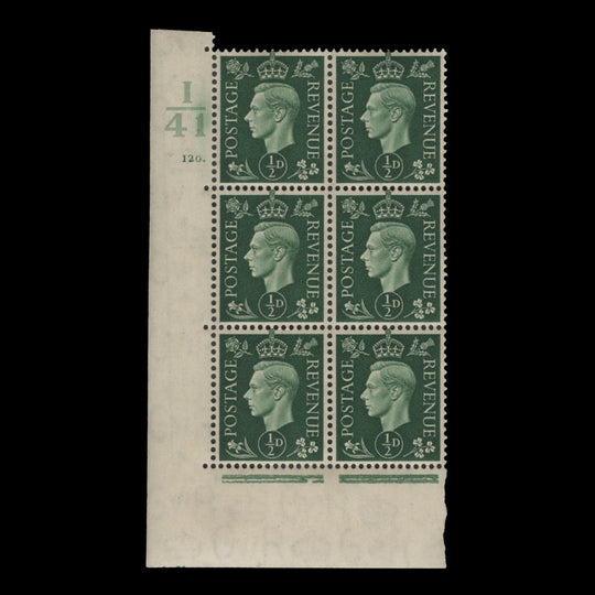 Great Britain 1937 (MNH) ½d Green control I41, cylinder 120. block, perf E/I