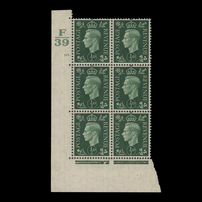 Great Britain 1937 (MNH) ½d Green control F39, cylinder 113. block, perf E/I