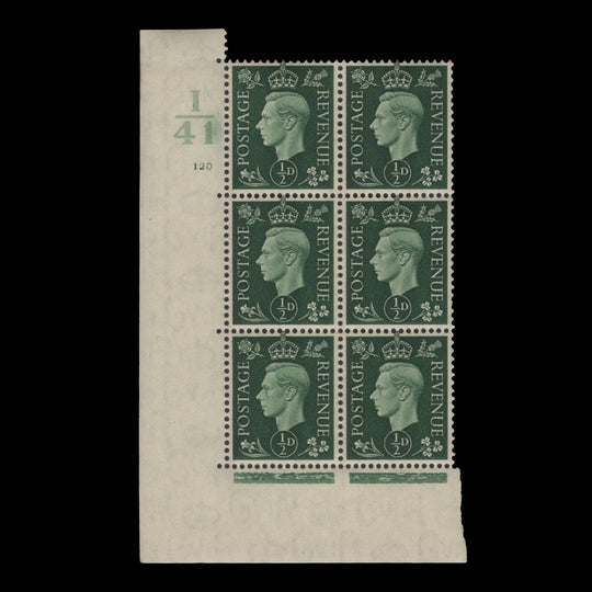 Great Britain 1937 (MNH) ½d Green control I41, cylinder 120 block, perf E/I