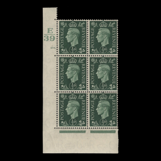 Great Britain 1937 (MNH) ½d Green control E39, cylinder 101. block, perf E/I