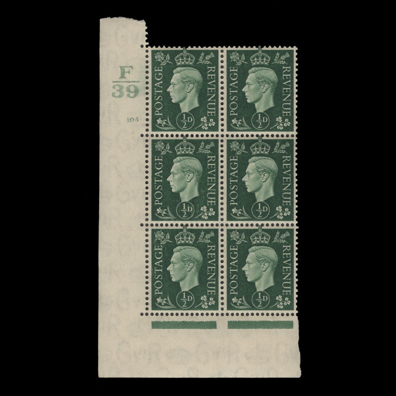 Great Britain 1937 (MNH) ½d Green control F39, cylinder 105 block, state I