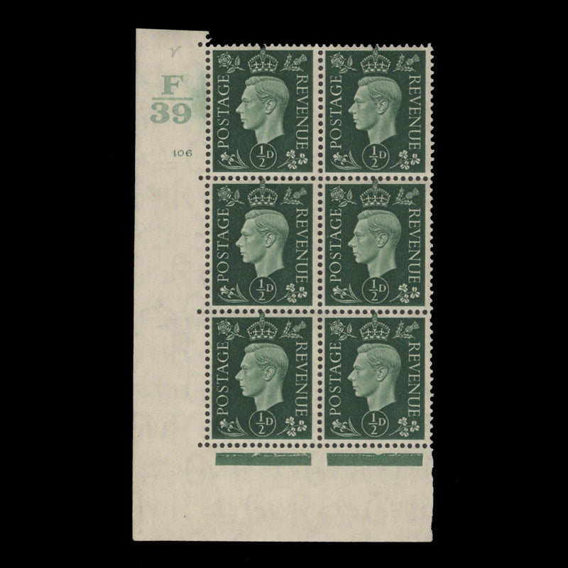 Great Britain 1937 (MNH) ½d Green control F39, cylinder 106 block, state II