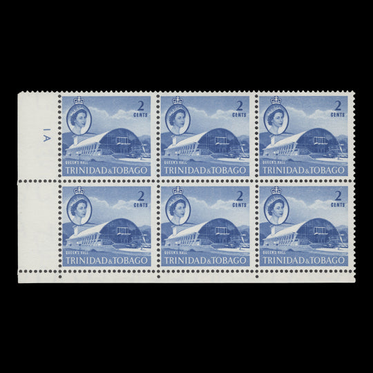 Trinidad & Tobago 1960 (MNH) 2c Queen's Hall plate 1A block, bright blue