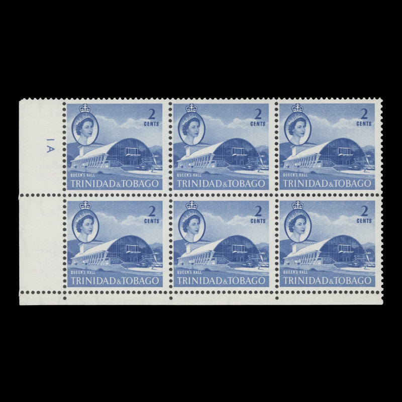 Trinidad & Tobago 1960 (MNH) 2c Queen's Hall plate 1A block, bright blue