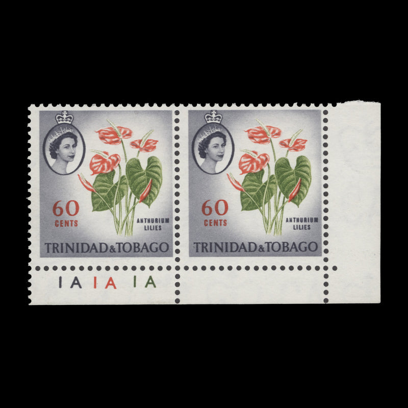 Trinidad & Tobago 1960 (MNH) 60c Anthurium Lilies plate 1A–1A–1A pair