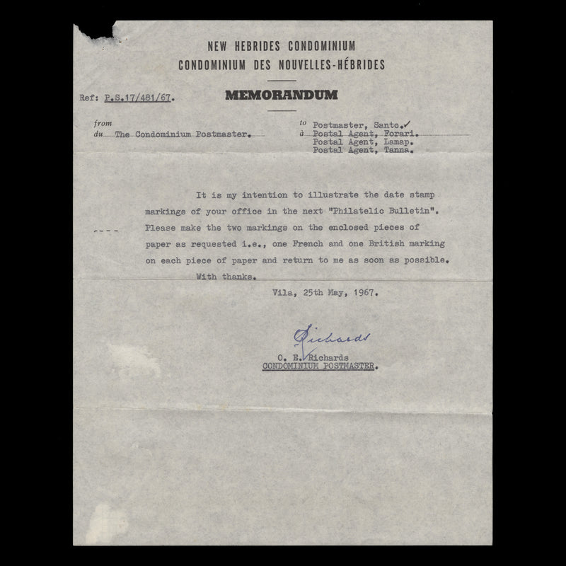 New Hebrides 1967 British and French Condominum postal cancels