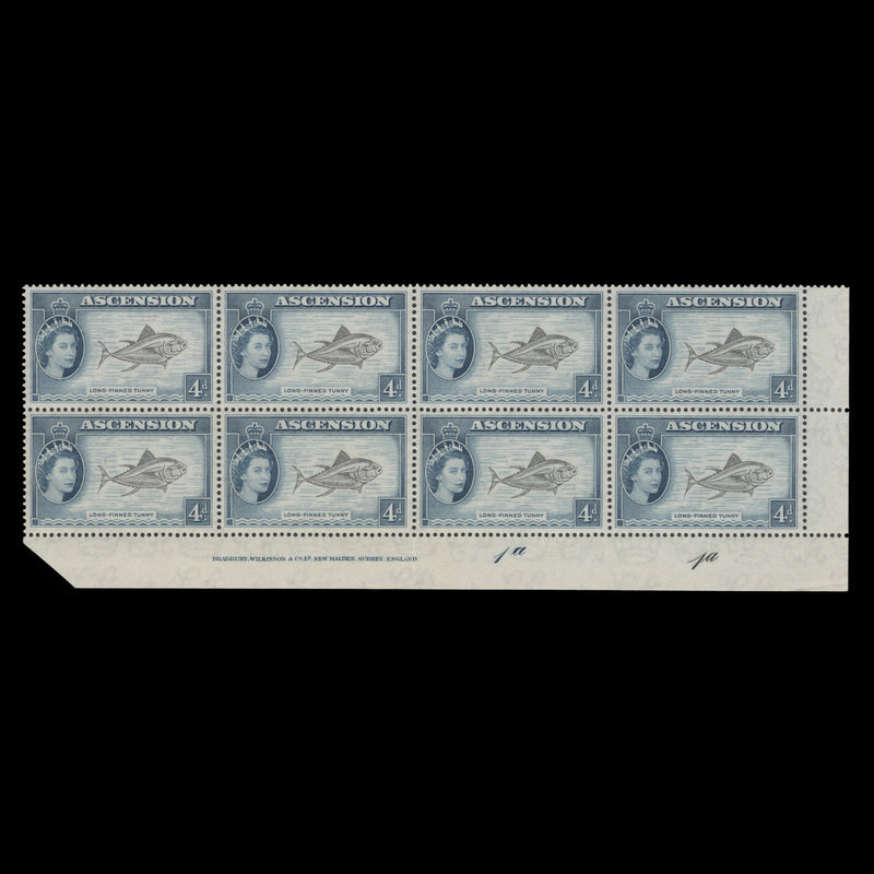 Ascension 1956 (MNH) 4d Long-Finned Tunny imprint/plate 1a–1a block