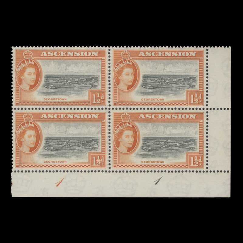 Ascension 1956 (MNH) 1½d Georgetown plate 1–1 block