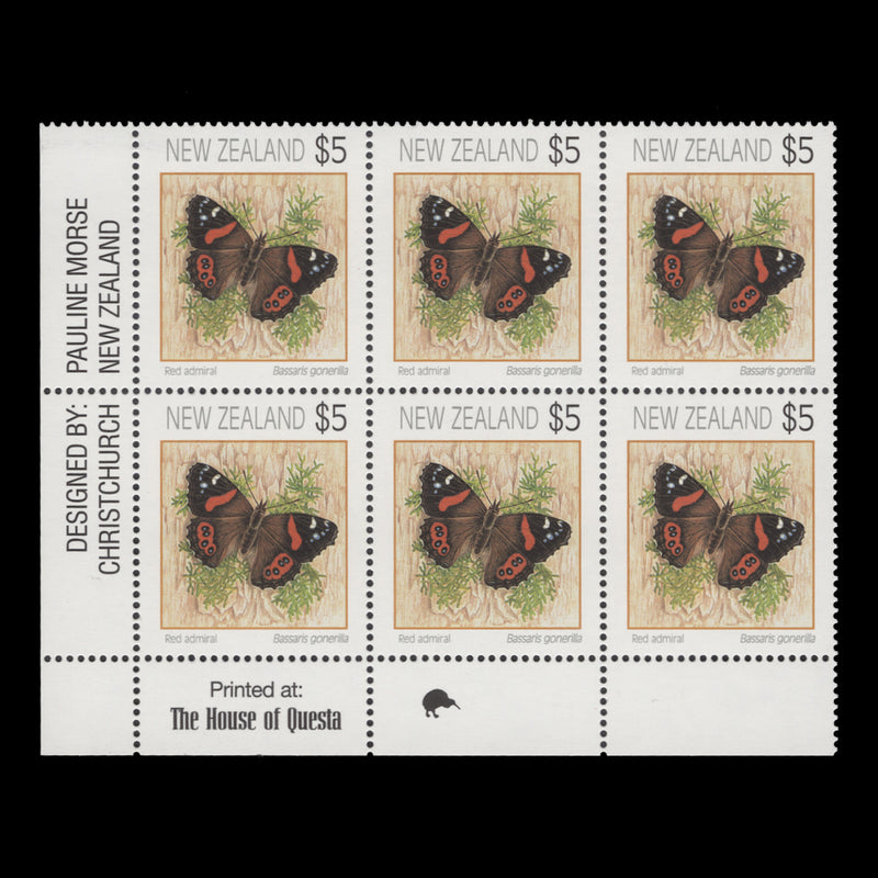New Zealand 1996 (MNH) $5 Red Admiral imprint/reprint 1 block, Questa