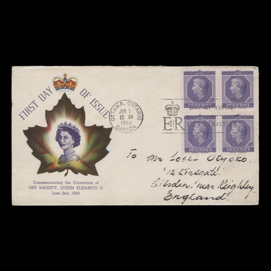 Canada 1953 (FDC) 4c Coronation block, OTTAWA