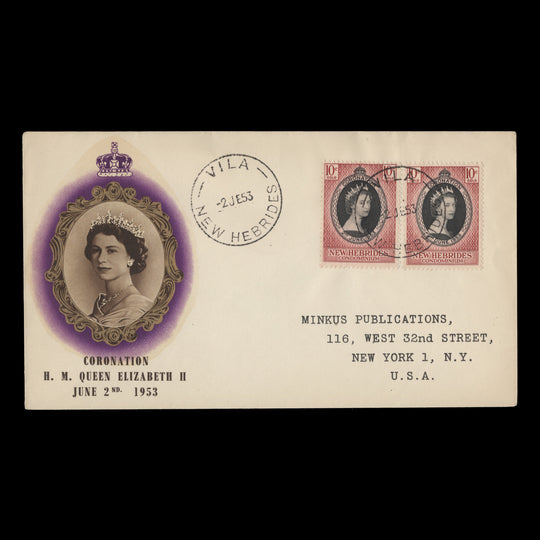 New Hebrides 1953 (FDC) 10c Coronation pair, VILA