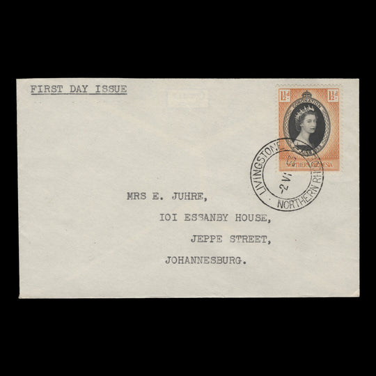 Northern Rhodesia 1953 (FDC) 1½d Coronation, LIVINGSTONE