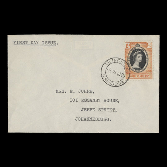 Northern Rhodesia 1953 (FDC) 1½d Coronation, LIVINGSTONE