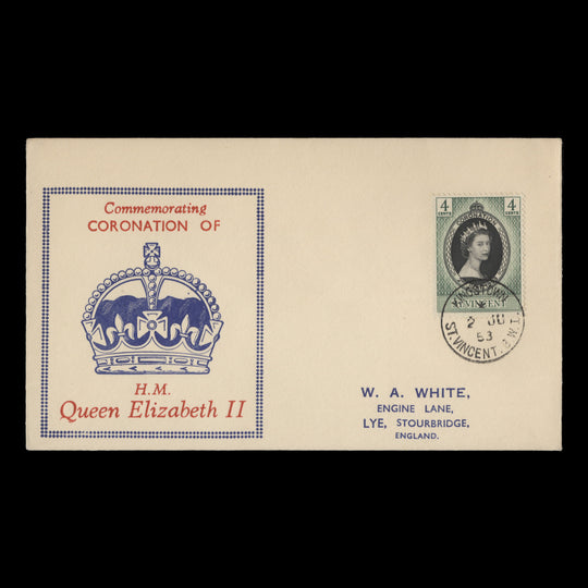 Saint Vincent 1953 (FDC) 4c Coronation, KINGSTOWN