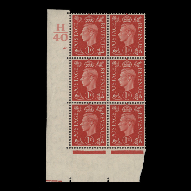 Great Britain 1937 (MNH) 1d Scarlet control H40, cylinder 40. block, perf E/I