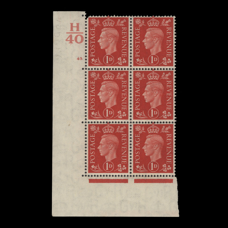 Great Britain 1937 (MNH) 1d Scarlet control H40, cylinder 43 block, perf E/I