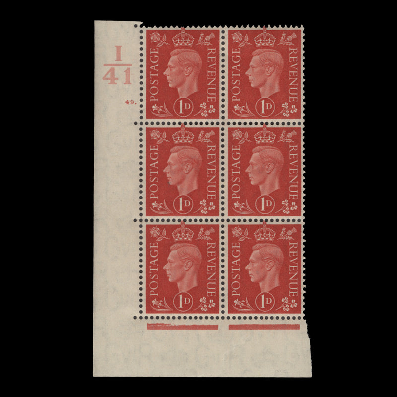 Great Britain 1937 (MNH) 1d Scarlet control I41, cylinder 49. block, perf E/I