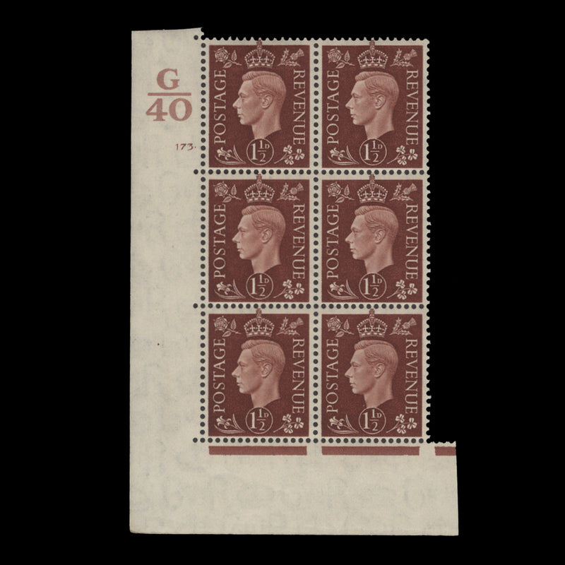 Great Britain 1937 (MNH) 1½d Red-Brown control G40, cylinder 173. block, perf E/I