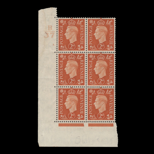 Great Britain 1938 (MNH) 2d Orange control B37, cylinder 1. block, perf E/I