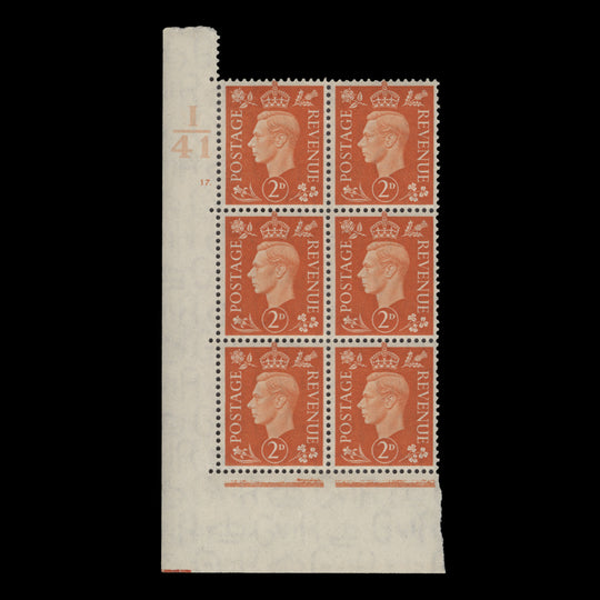 Great Britain 1938 (MNH) 2d Orange control I41, cylinder 17. block, perf E/I