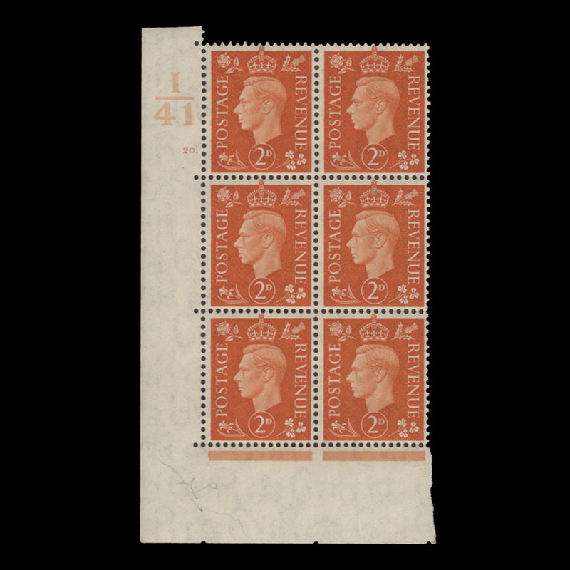 Great Britain 1938 (MNH) 2d Orange control I41, cylinder 20. block, perf E/I