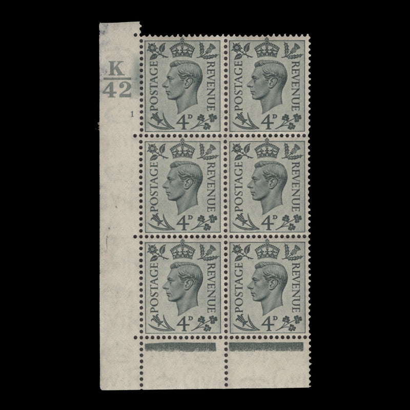 Great Britain 1938 (MNH) 4d Grey-Green control K42, cylinder 1 block, perf E/P