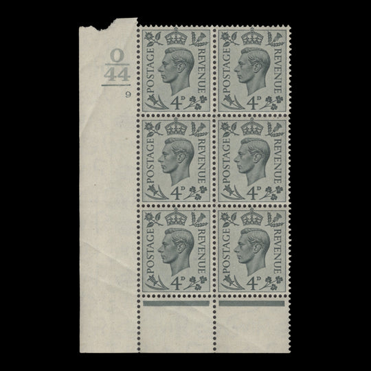 Great Britain 1938 (MNH) 4d Grey-Green control O44, cylinder 9 block, perf I/P
