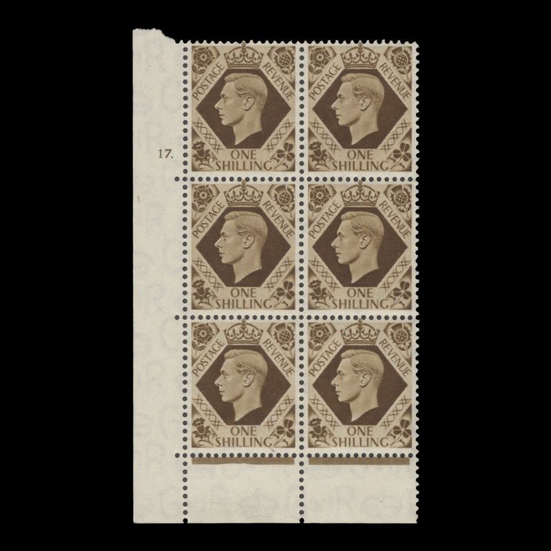 Great Britain 1939 (MNH) 1s Bistre-Brown cylinder 17. block, perf E/P