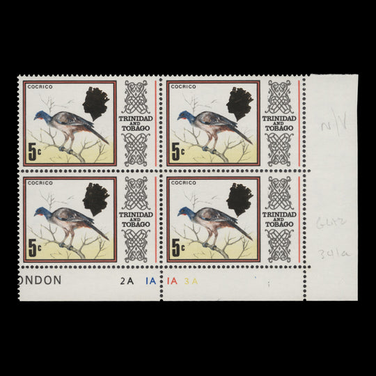 Trinidad & Tobago 1972 (MNH) 5c Cocrico plate 2A block, glazed paper
