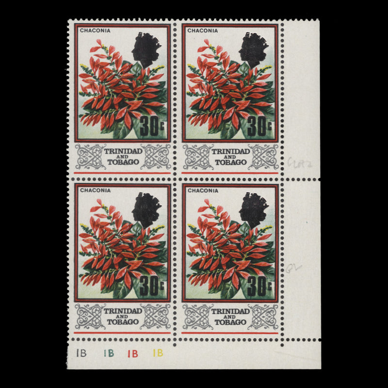 Trinidad & Tobago 1972 (MNH) 30c Chaconia plate 1B block, glazed paper